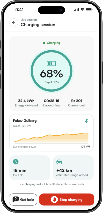 PAK EV Chargers app showing a live charging session at 68%