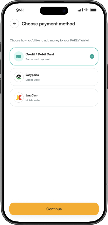 PAK EV Chargers app payment options: card, Easypaisa and JazzCash